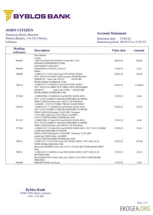 Modèle de relevé de la Lebanon Byblos Bank au format Word et PDF